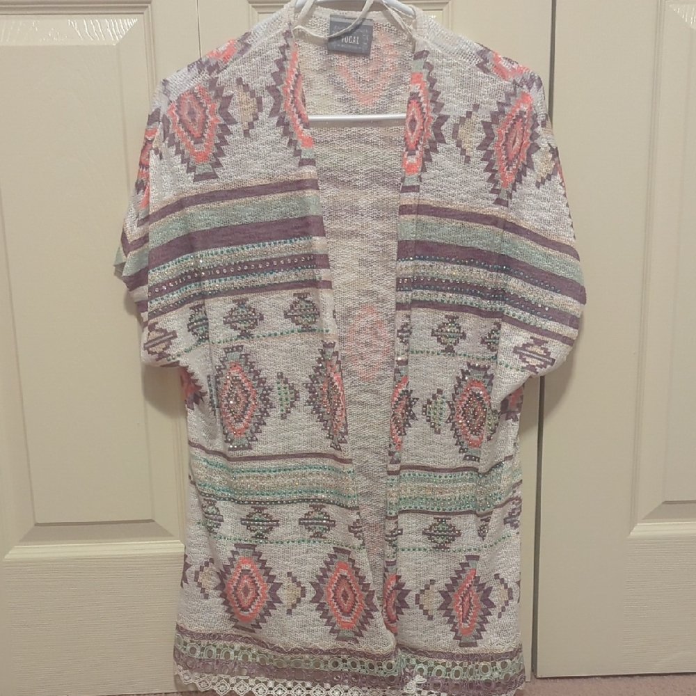 Vocal Women's Multicolor Geometric Open-Front Cardigan/Small